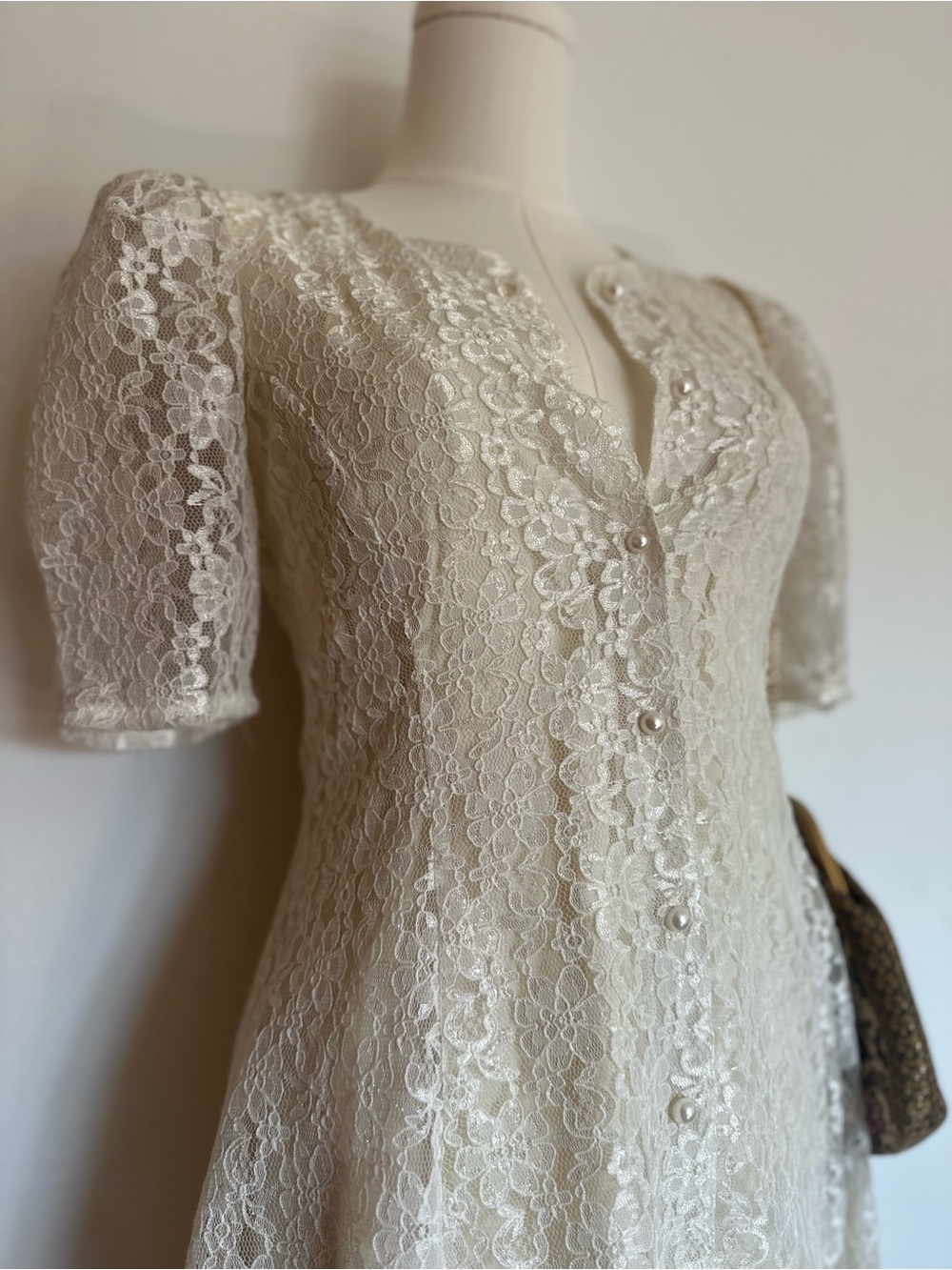 Timeless Ivory Lace Dress Romantic Coquette Button Front Floral USA Size XS S